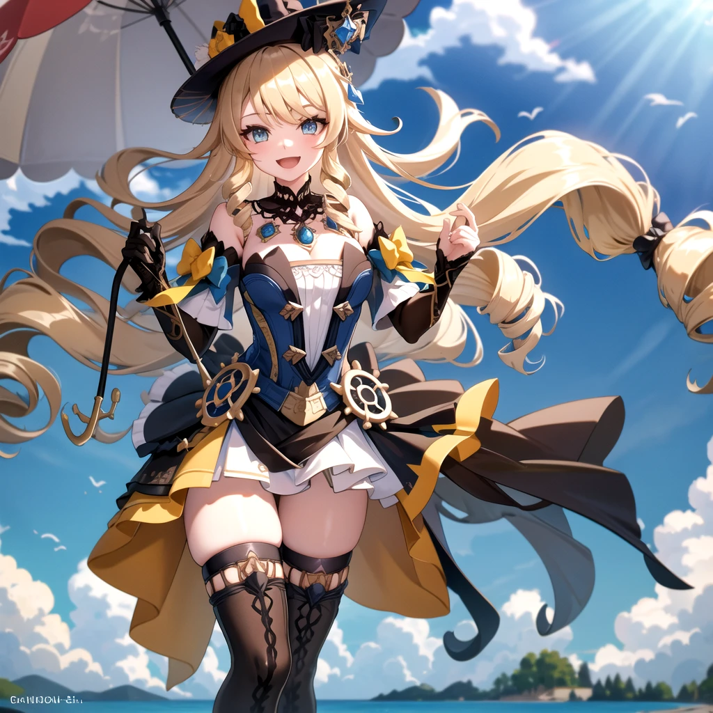 navia_gi, looking at viewer, smile, open mouth, skirt, thighhighs, gloves, hat, dress, holding, bare shoulders, standing, :d, outdoors, detached sleeves, sky, day, cloud, blue sky, umbrella, garter straps, drill hair, brown gloves, water drop, holding umbrella, brown headwear, rainbow