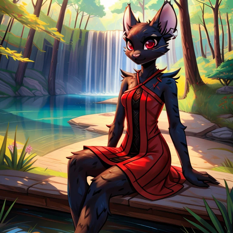 By zinfyuu on pixiv,by twistedscarlet60, uploaded on pixiv, by fluff-kevlar, (masterpiece), (best quality), (anthro furry:1.3, snout:1.2, anthro:1.3, furry:1.2, solo female:1.2), (extremely detailed:1.3), (red_detailed_eye), wearing white dress, sfw, forest, sitting, lake, nature beauty, view on viewer, camillerat