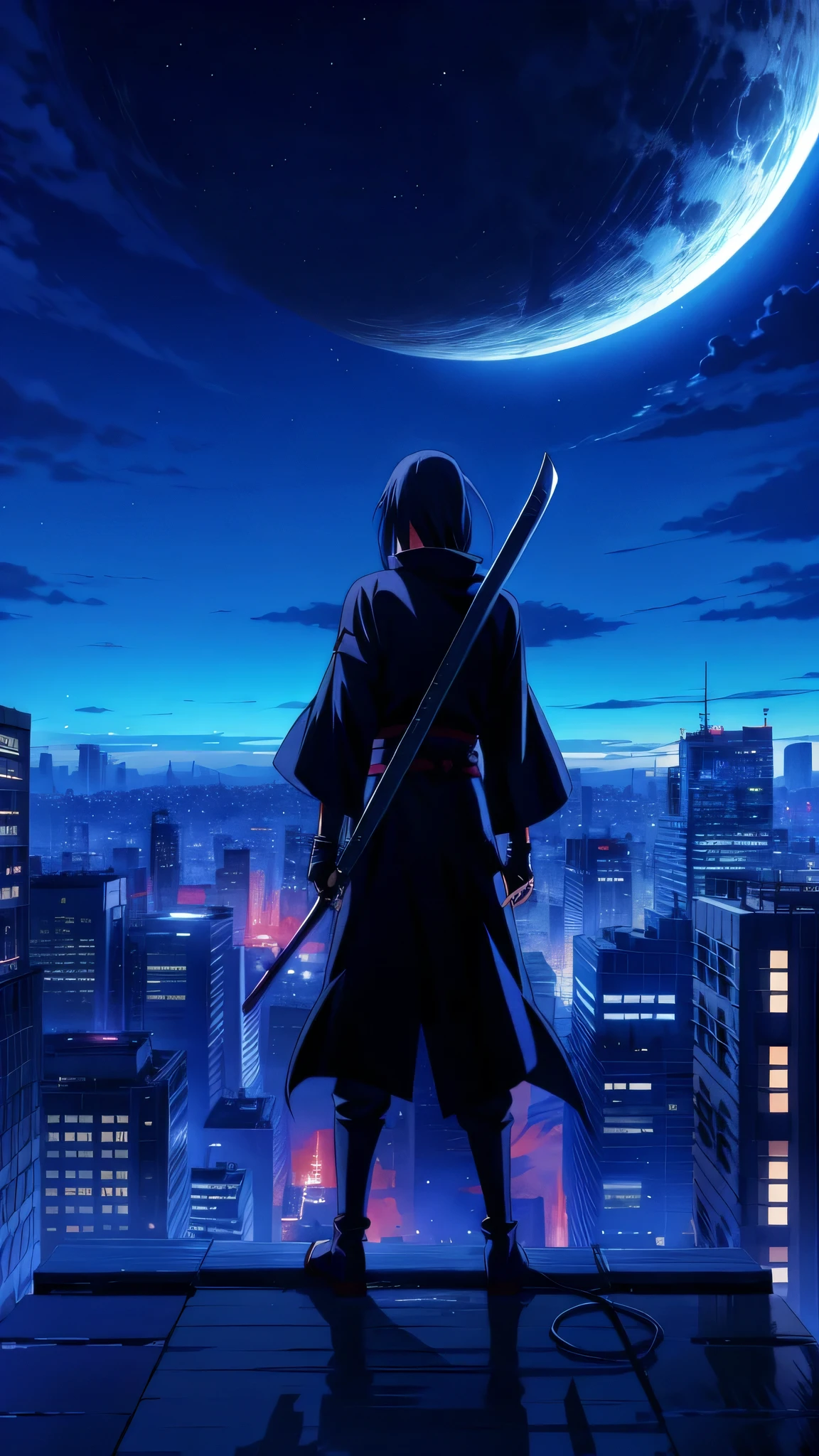 a person standing on top of a building with a sword, itachi, itachi uchiha, top 25 fantasy anime series, hd anime wallpaper, anime hd wallpaper, ultra hd anime wallpaper, anime”, samurai jedi, portrait of ninja slayer, aragorn in an anime world, holding a black katana, anime key visual”, anime hd, anime background, 4k professional painting, game, detailed key anime art, illustation, a beautiful artwork illustration, beautiful digital painting, highly detailed digital painting, beautiful digital artwork, detailed painting 4 k, very detailed digital painting, rich picturesque colors, gorgeous digital painting