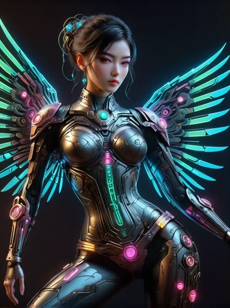 Beautiful female mecha, Translucent mech, Iridescent neon color wiring diagram and LEDs all over face and body, Photo frames and...