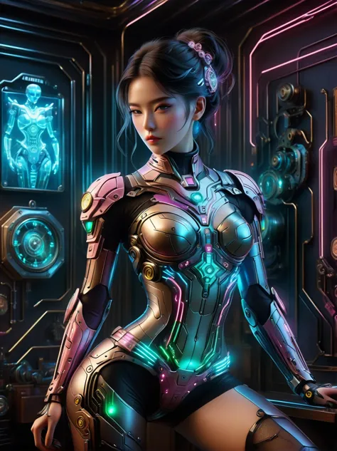 Beautiful female mecha, Translucent mech, Iridescent neon color wiring diagram and LEDs all over face and body, Photo frames and...