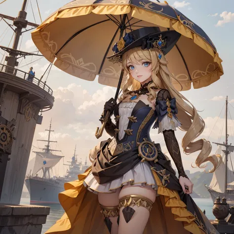 steampunk-style, girl stands on a ship, holding an umbrella. Beautifully detailed eyes and a kind smile on her face. with a beig...