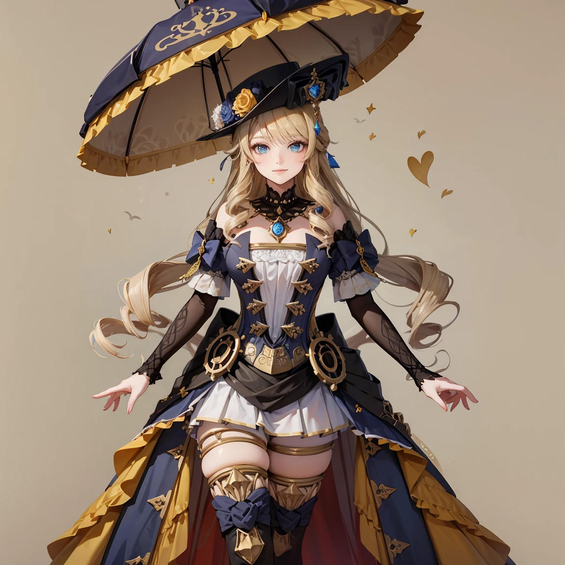 steampunk-style, girl stands on a ship, holding an umbrella. Beautifully detailed eyes and a kind smile on her face. with a beige background. The girl's gaze is directed towards the viewer