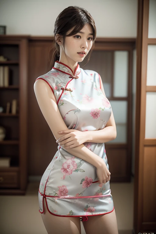 (((photorealistic))), ((realistic)), (ultra high definition), best quality, masterpiece, ray tracing, japanese female, ((super fine face)), 1 girl, cheongsam, upper body, looking at viewer, front view、legup、show her pantie、worst quality, low quality, blurry