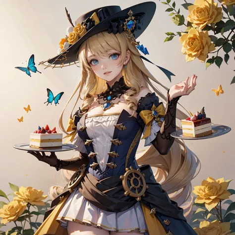  The girl has beautifully detailed eyes and a kind smile on her face. The girl is holding a plate of cake in her hand.........bu...