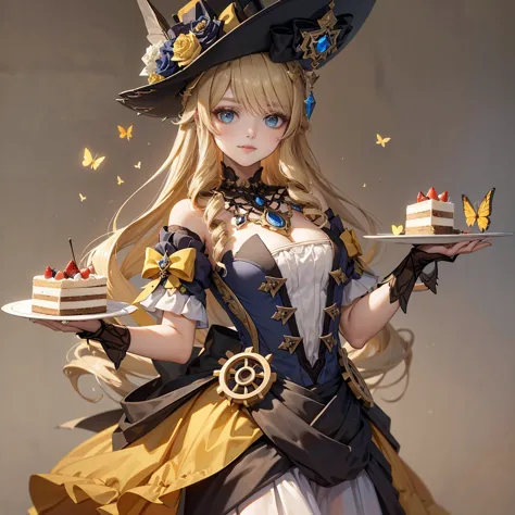 the girl has beautifully detailed eyes and a kind smile on her face. the girl is holding a plate of cake in her hand.........but...