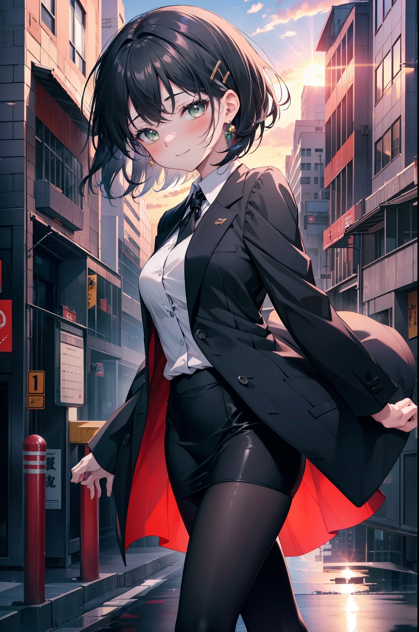 Suguhakirigaya, Suguhakirigaya, (Green Eyes:1.2), hair ornaments, Hair Clip, short hair, Black Hair,smile,blush,happy smile, smile, Open your mouth,OL, Black suit jacket, Collared jacket, White dress shirt, Collared shirt, Neckline, button, Black pencil skirt, Black pantyhose,Stiletto heels,Sunset,evening,The sun is setting,walking,whole bodyがイラストに入るように,
break outdoors, city,construction area,crowd, people々々々,
break looking at viewer, whole body, 
break (masterpiece:1.2), highest quality, High resolution, unity 8k wallpaper, (shape:0.8), (Beautiful details:1.6), Highly detailed face, Perfect lighting, Highly detailed CG, (Perfect hands, Perfect Anatomy),