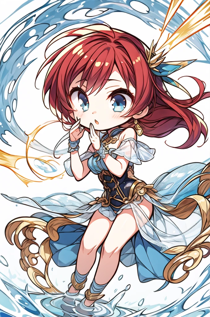 (masterpiece, highest quality), One girl, cute,Young Red Hair, Good eyes,  hand crystal ice,Blue Magic Circle, Blue corset, Light blue knee socks,   Abstract, Learn the anatomy of the limbs、Pay attention to the number of legs、Add some gold to your outfit、princess、Water God、God of Healing、Sage、chibi character,chibi style,white background, 