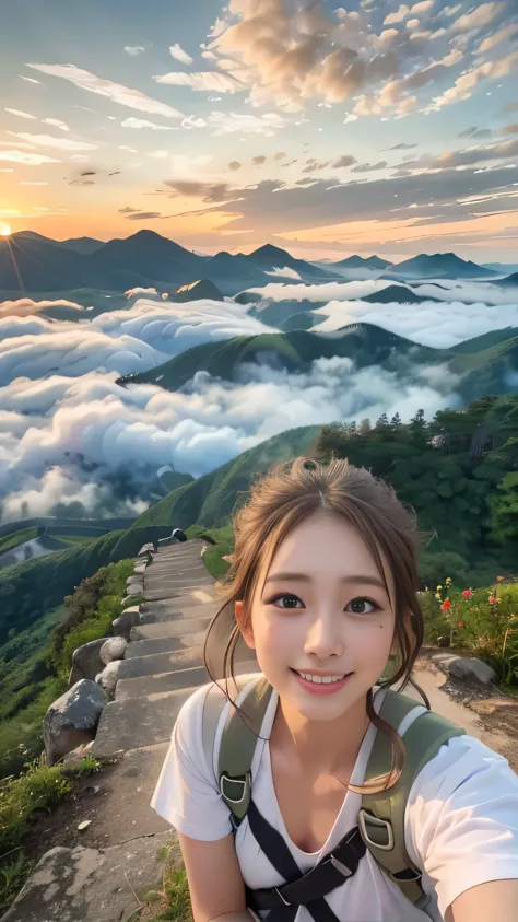 (best quality, surreal photo), majestic mountains, sea of clouds, woman watching the sunset, selfie, ((upper body)), white t shi...