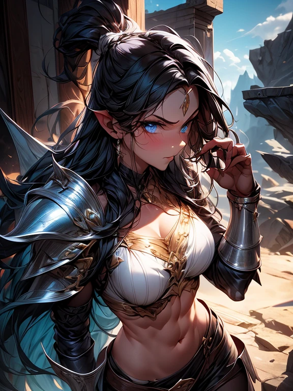 absurderes ,1 girl,Serious,black hair,worried woman ,Wolf ears,Blue eyes,Leather Armor,Abs,muscular,Silver Gauntlet ,leather waist seat,BREAK,Dynamic Angle,Dynamic lighting,wasteland,Fantasy,BREAK,(close range),(Front view,From  above:1.2),Best Quality,Insanely detailed,Hyper realistic, Perfect Anatomy,Perfect five fingers,Vibrant colors,amazing,superfine illustration