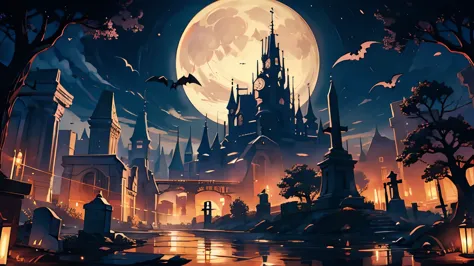 Different world、Cemetery、night、moon、Bat、Fantasy anime style