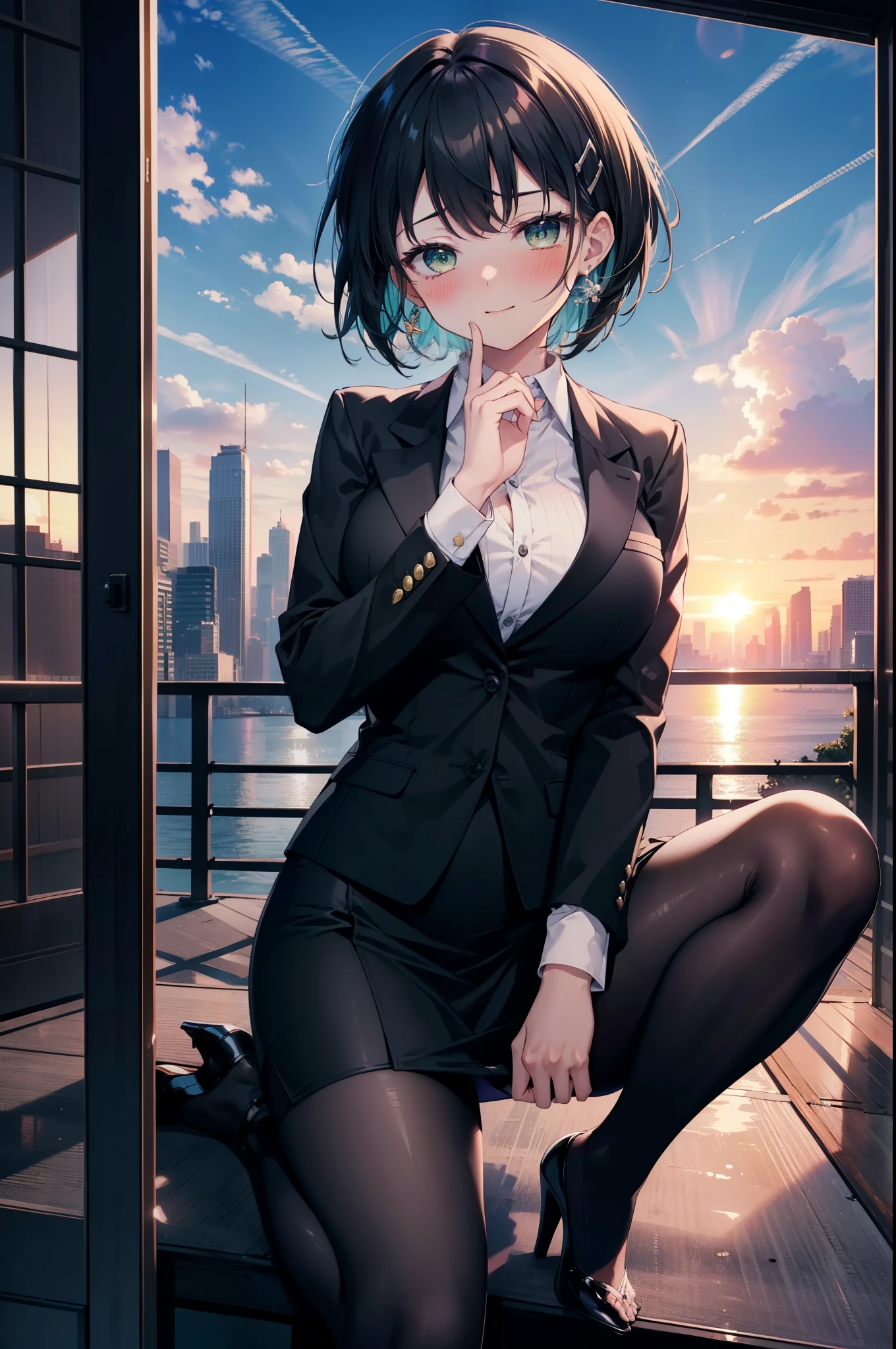 Suguhakirigaya, Suguhakirigaya, (Green Eyes:1.2), hair ornaments, Hair Clip, short hair, Black Hair,smile,blush,happy smile, smile, Open your mouth,OL, Black suit jacket, Collared jacket, White dress shirt, Collared shirt, Neckline, button, Black pencil skirt, Black pantyhose,Stiletto heels,Sunset,evening,The sun is setting,walking,whole bodyがイラストに入るように,
break outdoors, city,construction area,crowd, people々々々,
break looking at viewer, whole body, 
break (masterpiece:1.2), highest quality, High resolution, unity 8k wallpaper, (shape:0.8), (Beautiful details:1.6), Highly detailed face, Perfect lighting, Highly detailed CG, (Perfect hands, Perfect Anatomy),