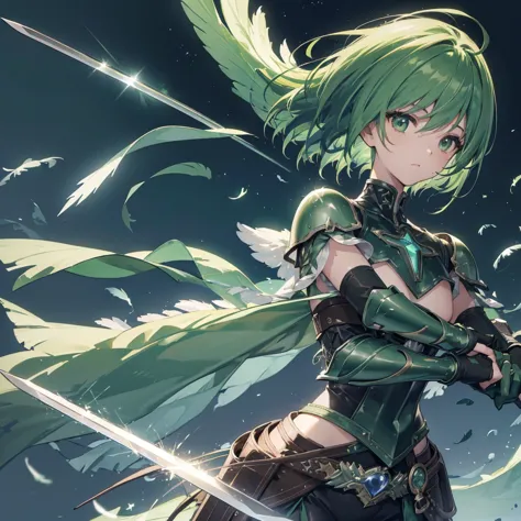 ((high resolution　Green Hair　Short Hair　Iron Armor　Angel of Victory　Lonely　despair))　((night　Western style　chest　Shining Aura　gl...