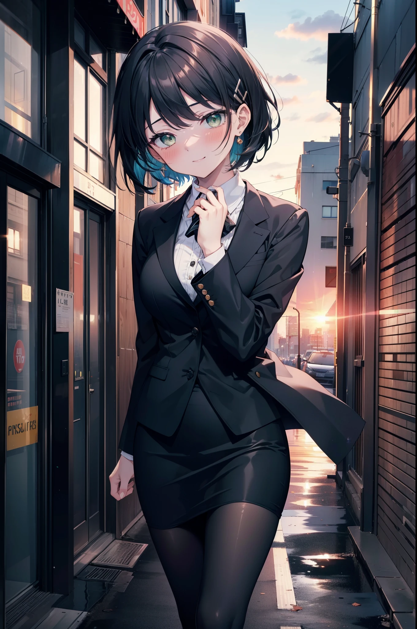 Suguhakirigaya, Suguhakirigaya, (Green Eyes:1.2), hair ornaments, Hair Clip, short hair, Black Hair,smile,blush,happy smile, smile, Open your mouth,OL, Black suit jacket, Collared jacket, White dress shirt, Collared shirt, Neckline, button, Black pencil skirt, Black pantyhose,Stiletto heels,Sunset,evening,The sun is setting,walking,whole bodyがイラストに入るように,
break outdoors, city,construction area,crowd, people々々々,
break looking at viewer, whole body, 
break (masterpiece:1.2), highest quality, High resolution, unity 8k wallpaper, (shape:0.8), (Beautiful details:1.6), Highly detailed face, Perfect lighting, Highly detailed CG, (Perfect hands, Perfect Anatomy),