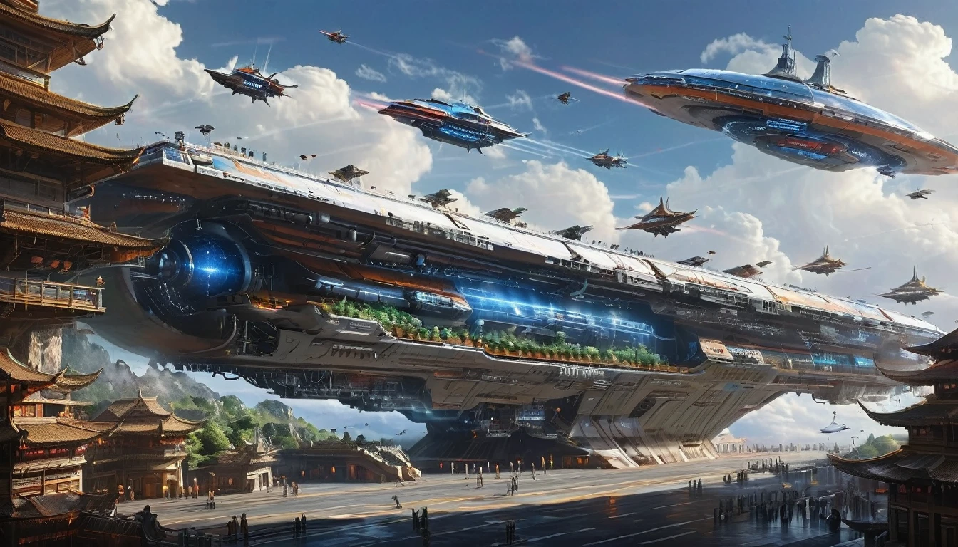 (a large space carrier), (futuristic), (powered by advanced technology),(sleek and imposing design), (silently floating in space), (with massive engines propelling it forward), (giant glass windows revealing the cosmos), (surrounded by a protective force field), (emitting a soft blue light), (with intricate laser cannons on its sides),(kids riding cycle, playing and dancing), (a bustling command center with holographic displays and control panels), (sport stadium with a breathtaking view of the stars),(a spacious botanical garden with exotic plants from Earth and beyond), (a street food restourents with advanced food technologies), (with a timeless beauty that transcends borders and cultures),(combining art, technology, and the spirit of the universe). (best quality, ultra-detailed),(realistic),(HDR),(vivid colors),(sharp focus),(physically-based rendering:1.2),(masterpiece:1.1), (UHD),(professional lighting),(bokeh).