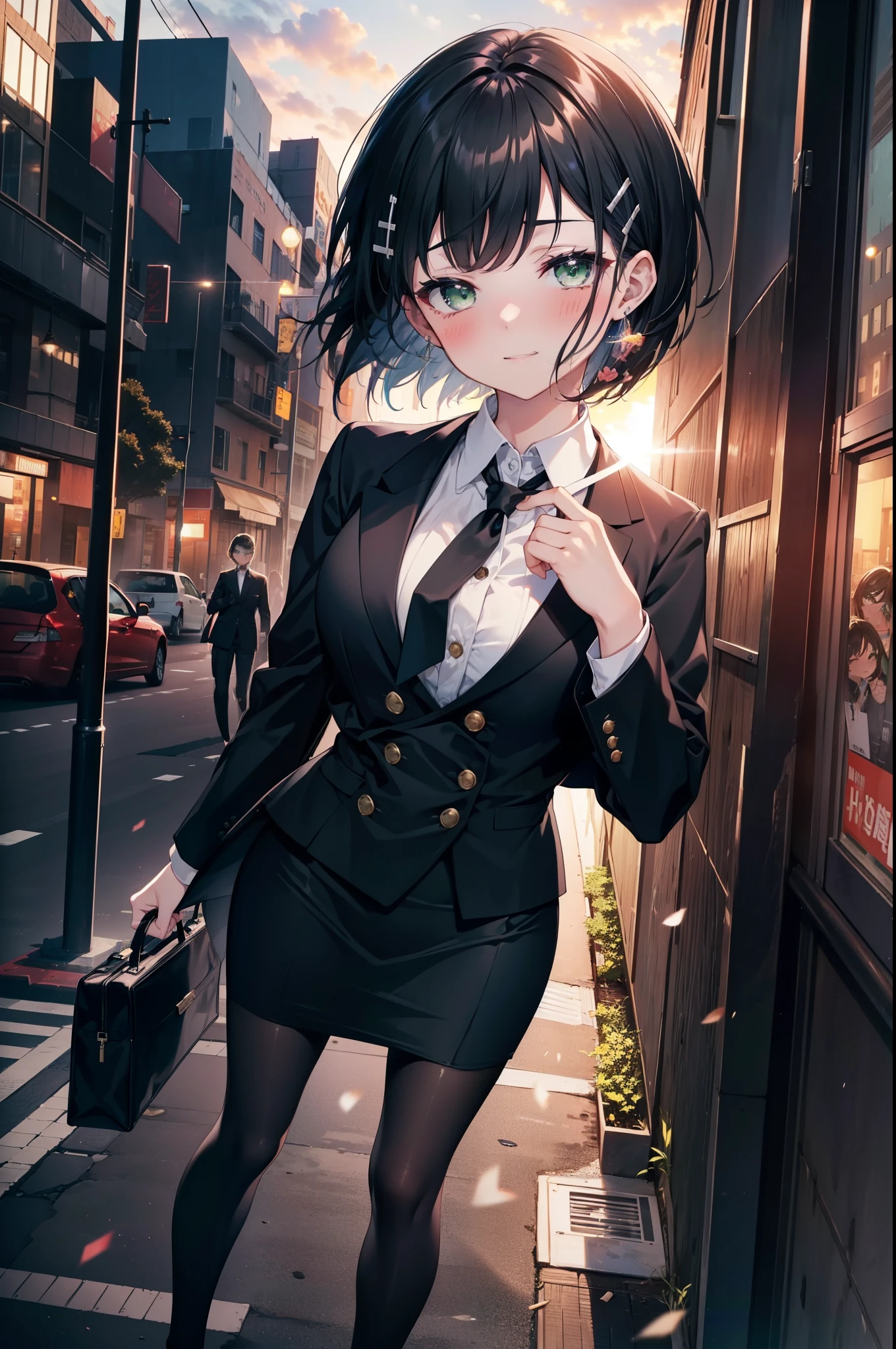 Suguhakirigaya, Suguhakirigaya, (Green Eyes:1.2), hair ornaments, Hair Clip, short hair, Black Hair,smile,blush,happy smile, smile, Open your mouth,OL, Black suit jacket, Collared jacket, White dress shirt, Collared shirt, Neckline, button, Black pencil skirt, Black pantyhose,Stiletto heels,Sunset,evening,The sun is setting,walking,whole bodyがイラストに入るように,
break outdoors, city,construction area,crowd, people々々々,
break looking at viewer, whole body, 
break (masterpiece:1.2), highest quality, High resolution, unity 8k wallpaper, (shape:0.8), (Beautiful details:1.6), Highly detailed face, Perfect lighting, Highly detailed CG, (Perfect hands, Perfect Anatomy),