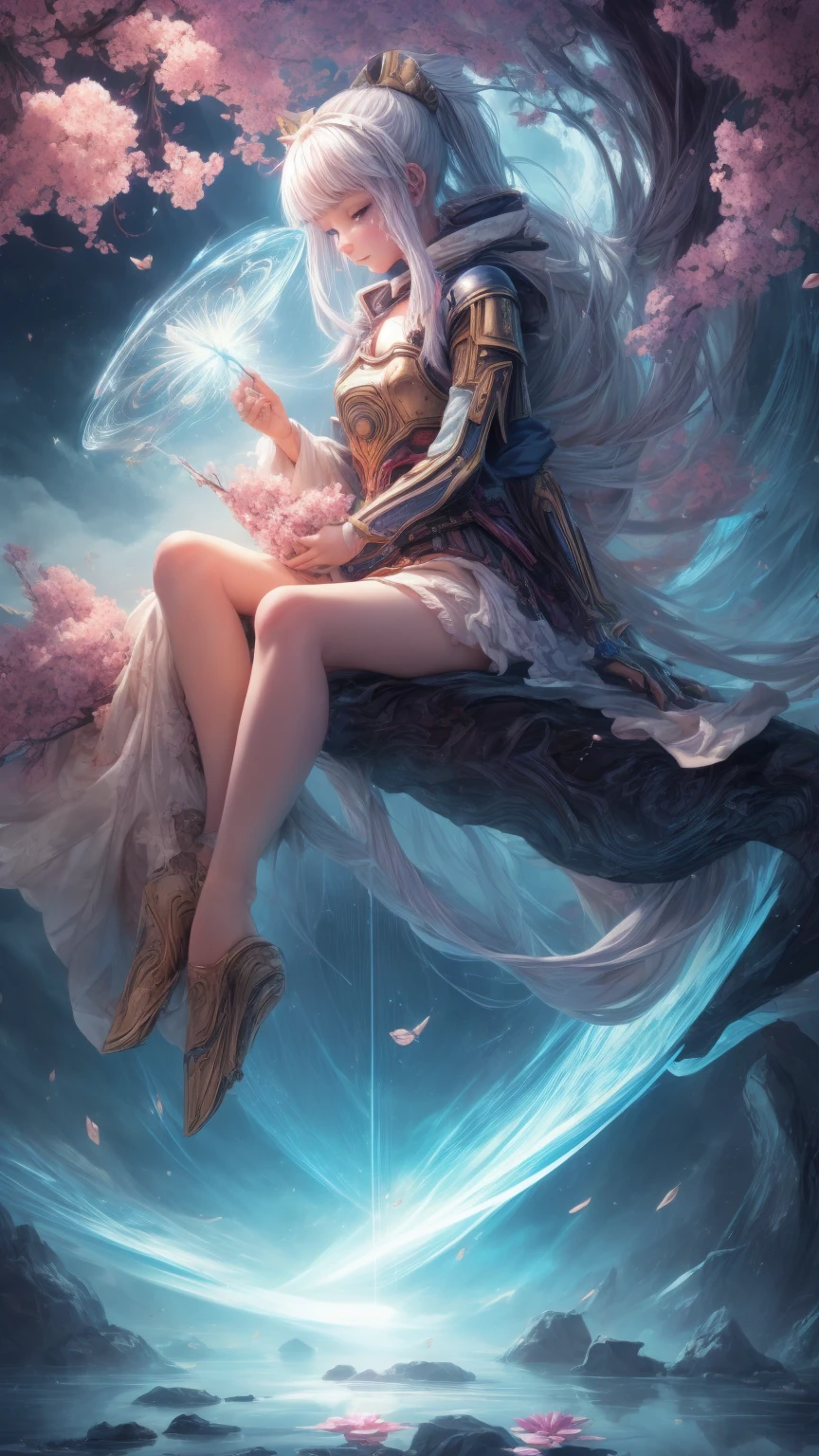 "((fantasy art)) featuring an alien girl, immersed in a heavenly symphony, clouds turn into bright splashes, flowers are scattered, like notes in the wind, visual orchestration of color and wonder"masterpiece, a high resolution, Best quality, 1 girl solo, kamisato_ayaka, sitting, Above  