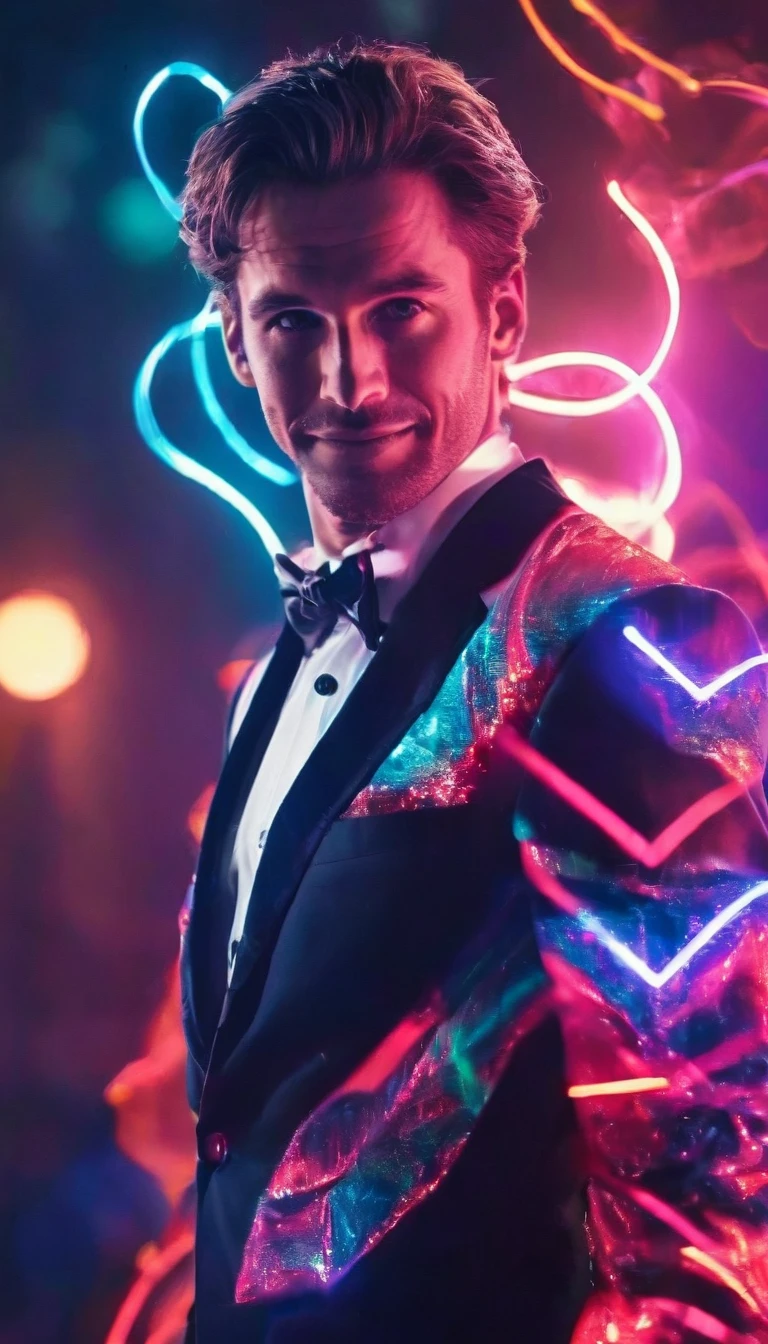 A charismatic gamemaster with a showman's attitude. He's a highly energetic man in his thirties, with pronounced angular features and carefully tousled mahogany hair. His turquoise eyes sparkle with enthusiasm as he addresses us directly with a beaming smile.

He wears an impeccable bright red three-piece suit, with electric fluorescent geometric stitching. His black polished boots rise to mid-calf. A thin, loose tie hangs from his open collar. A professional earpiece hangs from his ear.

He stands on tiptoe, exalted, brandishing a glow-stick vertically like a showman. Spinning holograms project multicolored laser beams around him.

The background is a huge darkened auditorium with thousands of lights and special effects, seemingly celebrating an electrifying grand finale.

The style is very energetic and dynamic, slightly pushed into bright vivid tones. The play of light is important, with beautiful shimmering effects. The whole should convey the infectious enthusiasm of an incredible showman.