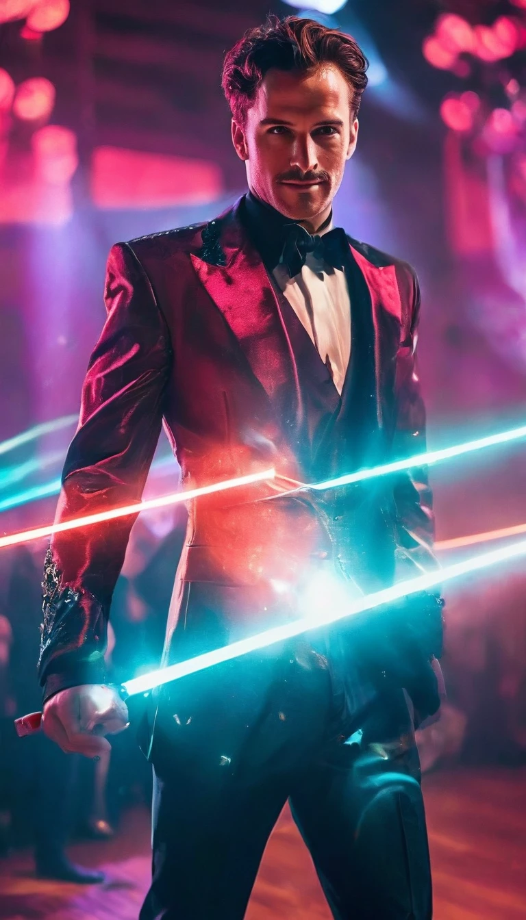 A charismatic gamemaster with a showman's attitude. He's a highly energetic man in his thirties, with pronounced angular features and carefully tousled mahogany hair. His turquoise eyes sparkle with enthusiasm as he addresses us directly with a beaming smile.

He wears an impeccable bright red three-piece suit, with electric fluorescent geometric stitching. His black polished boots rise to mid-calf. A thin, loose tie hangs from his open collar. A professional earpiece hangs from his ear.

He stands on tiptoe, exalted, brandishing a glow-stick vertically like a showman. Spinning holograms project multicolored laser beams around him.

The background is a huge darkened auditorium with thousands of lights and special effects, seemingly celebrating an electrifying grand finale.

The style is very energetic and dynamic, slightly pushed into bright vivid tones. The play of light is important, with beautiful shimmering effects. The whole should convey the infectious enthusiasm of an incredible showman.