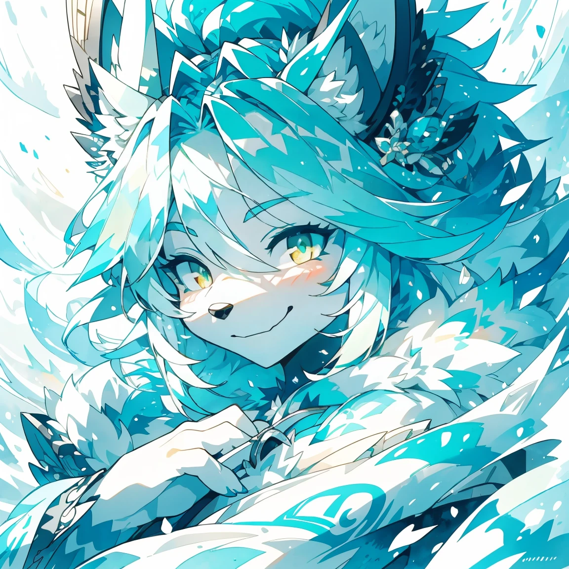 monochrome, watercolor, high resolution, top quality, best quality, Paid rewards available, High-quality illustrations, An unrivalled masterpiece, Perfect work of art, absurd, girl, Beast field, hairy, Detailed body fur, Animal Face, Animal hands, Antique smile, White Wolf，Blue hair，Cyan tail，Fan creations shared on Pixiv or other platforms ,