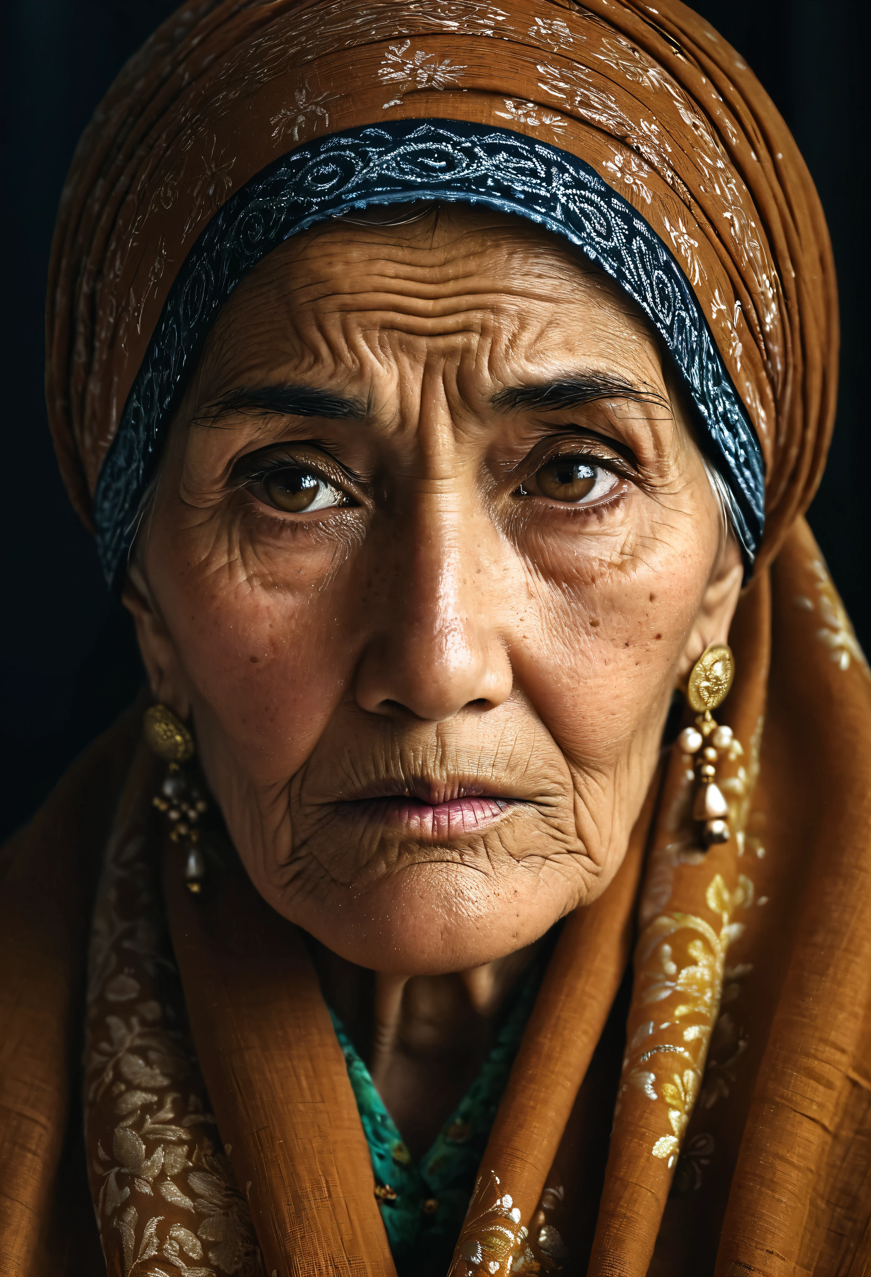 Portrait of Afgan old woman in an elegant traditional outfit, Showing off her calm and sad face with sorrowful eyes, an old woman with wrinkles, a turban, and big earrings looks into the camera,The images are extremely realistic.,Photographs like the Geographic style of Nation magazine.,Professional documentary work,realistic details,natural light, Rim Light,Studio Light,