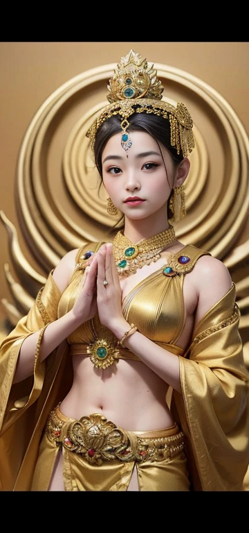 One Girl、highest quality、masterpiece、超A high resolution、(Realistic:1.4)、RAW Photos、god々々God Sibbit、（Beautiful  girl&#39;face）、Straight Long Hair、Glowing Skin、dramatic、（Golden see-through swimsuit）、（Golden transparent fluttering robe）、（Golden Buddha Statue）、（Golden Crown Bodhisattva）、（（Small gold tiara））、（pray）（whole body立ち）、（（Delicate fingers、Delicate hands））、（Delicate feet）、（Big ample breasts、Beautiful and full bust）、（Rocket Boobs）、（（Golden Garter Stockings））、（（Golden Greek Goddess））（Golden wall decorated with gold）、（Blur the background）、（One breast is visible、I can see a big areola、 stand）、（Woman praying）、（pray with Your Hands Together）、whole body、Are standing、pray with Your Hands Together、welcome、