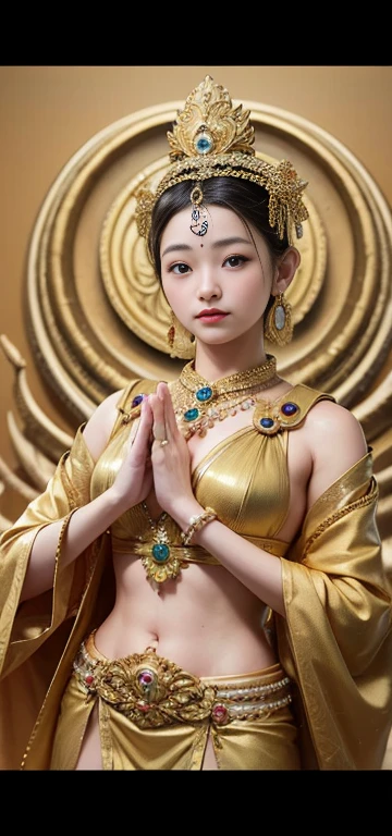 One Girl、highest quality、masterpiece、超A high resolution、(Realistic:1.4)、RAW Photos、god々々God Sibbit、（Beautiful  girl&#39;face）、Straight Long Hair、Glowing Skin、dramatic、（Golden see-through swimsuit）、（Golden transparent fluttering robe）、（Golden Buddha Statue）、（Golden Crown Bodhisattva）、（（Small gold tiara））、（pray）（whole body立ち）、（（Delicate fingers、Delicate hands））、（Delicate feet）、（Big ample breasts、Beautiful and full bust）、（Rocket Boobs）、（（Golden Garter Stockings））、（（Golden Greek Goddess））（Golden wall decorated with gold）、（Blur the background）、（One breast is visible、I can see a big areola、 stand）、（Woman praying）、（pray with Your Hands Together）、whole body、Are standing、pray with Your Hands Together、welcome、