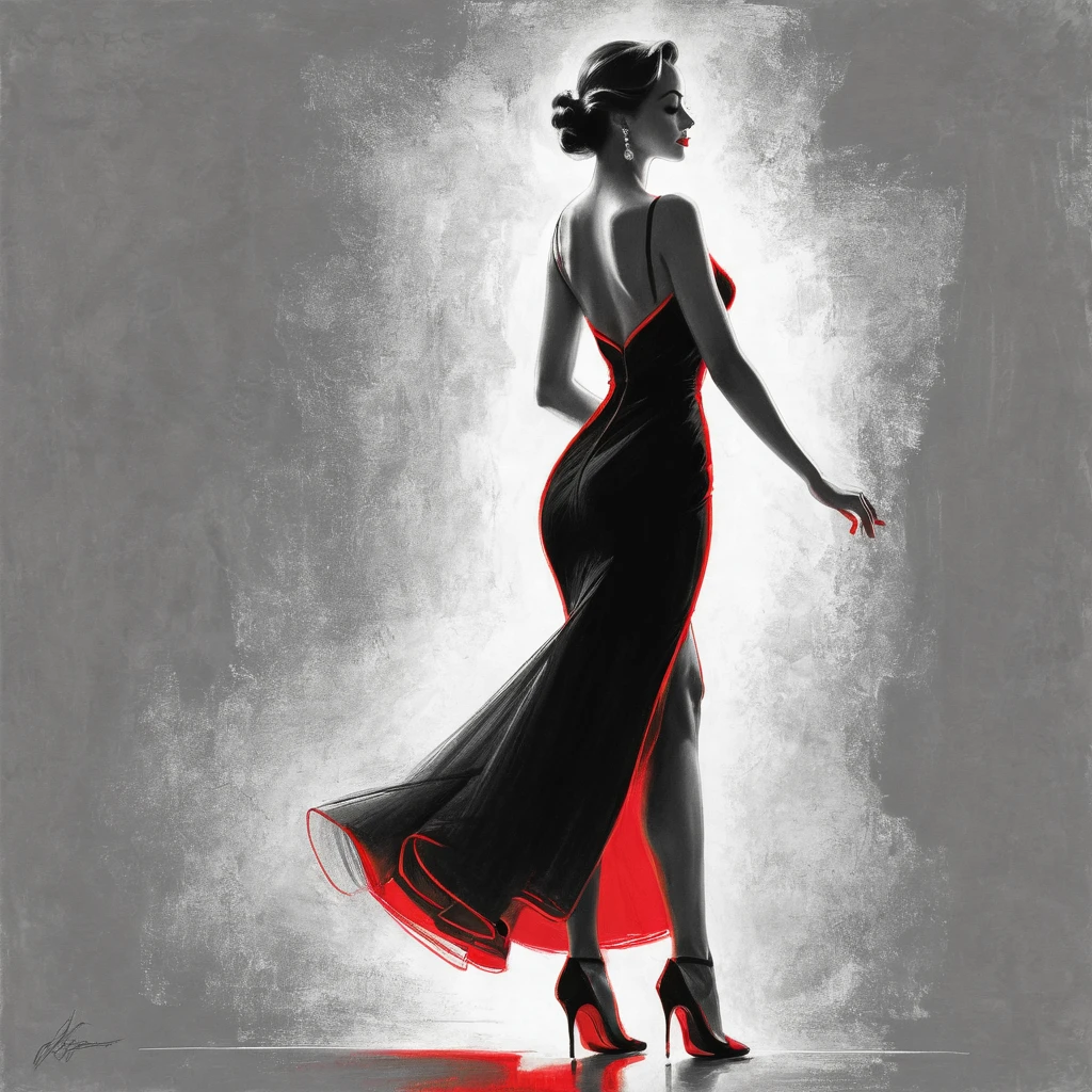 Dessin au charbon de bois, crayon noir, Dessin au crayon, dessin au trait, élégante belle femme en robe de tango (sa silhouette soulignée de rouge brillant). (style de Vladimir Volegov: 1.1). (sa silhouette est soulignée d&#39;un rouge éclatant). palette de couleurs rouge blanc sur gris. Professionnel, lisse, moderne, minimaliste, graphique, dessin au trait, vector graphiques, dessin en noir et blanc, dessin au graphite
