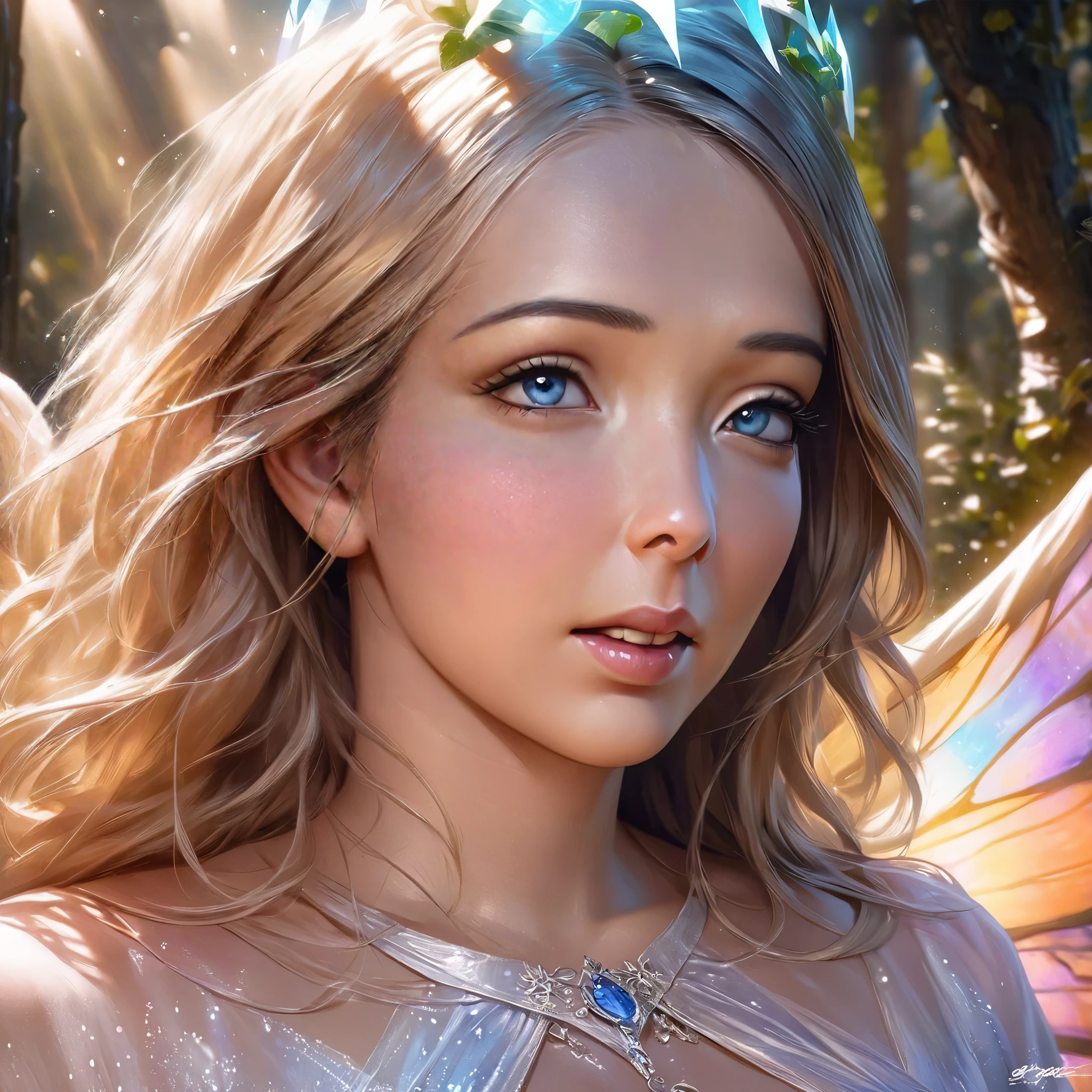 (best quality,4k,8k,highres,masterpiece:1.2),ultra-detailed,(realistic,photorealistic,photo-realistic:1.37),a girl with radiant blonde hair and piercing blue eyes, [angelic] wings spread wide, [delicate] facial features, [translucent, billowing chromatic silks [fluttering gracefully around her], chromatic butterfly wings shimmering in the moonlight, [luminous halo] above her head, [ethereal] glow surrounding her body, [celestial] energy emanating from her being, [starry sky] dotted with twinkling constellations, [magical atmosphere] filled with a sense of wonder, [soft, gentle breeze] rustling through the trees, [serene garden] with colorful blossoms and lush greenery, [enchanted] moon casting a soft glow on the scene, [seraphic] presence inspiring a feeling of awe and serenity, [golden rays of light] illuminating her path, [peaceful harmony] between nature and the divine.