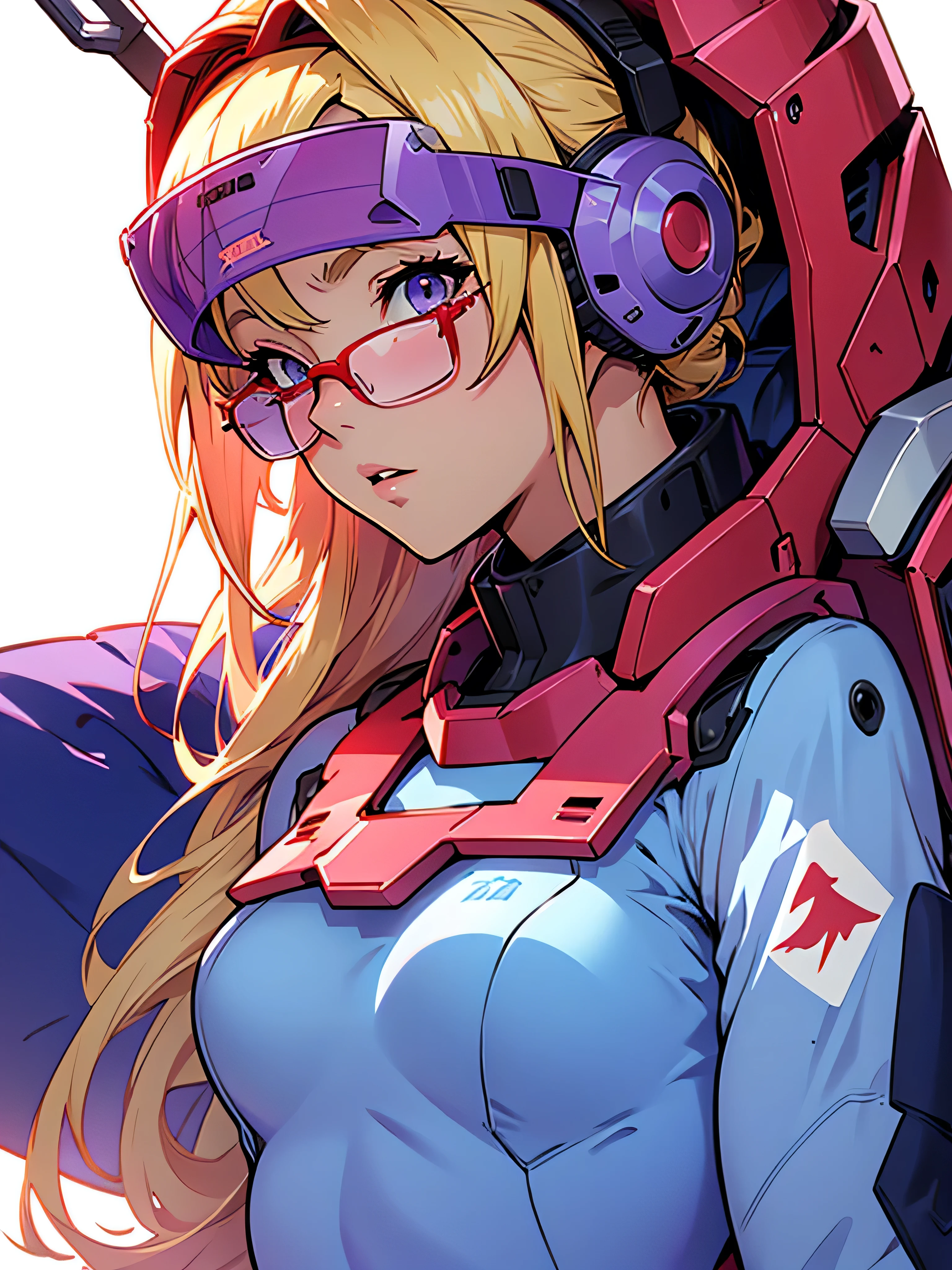 日本卡通,一個例子,紫色機器人,機動戰士,多姆,淺藍色格紋連身裙,紅色眼鏡,金髮女郎,淺藍色網狀頭髮,美麗的女孩,櫻野空,一個人