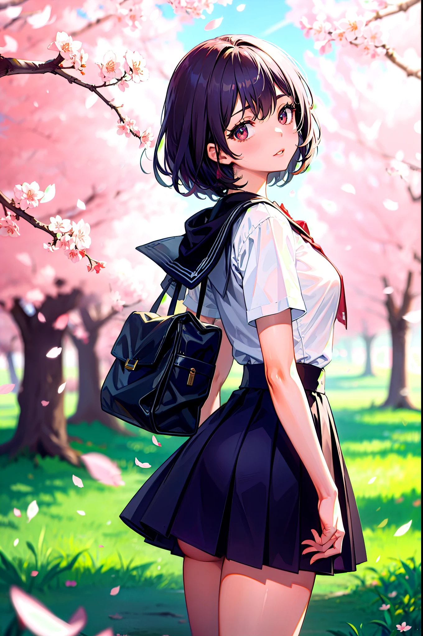 Looking up at the scenery of cherry blossoms in full bloom、A high school girl looking back at me、Nice body、the skirt is short,、Ultra HD、amazing