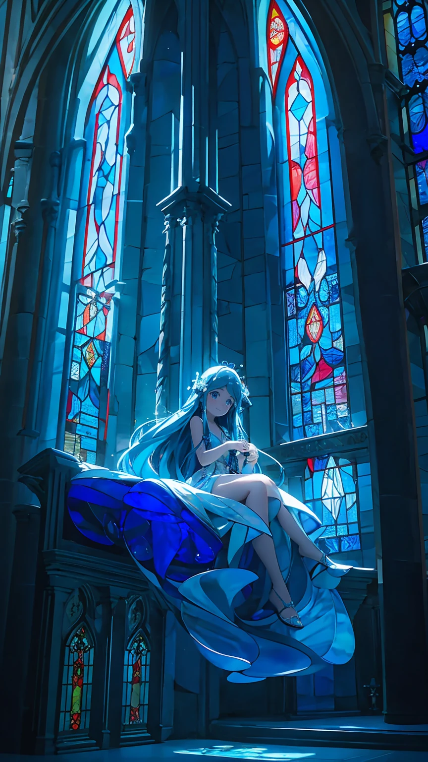 .A shining blue dress, beautiful blue eyes, beautiful blue hair, long hair, straight hair, in the mysterious deep sea, in the beautiful blue deep sea, surrounded by beautiful stained glass, behind her  is illuminated by the stained glass windows of a church temple, backlit sea bottom, bubbles, fish sitting on the side of a stone column