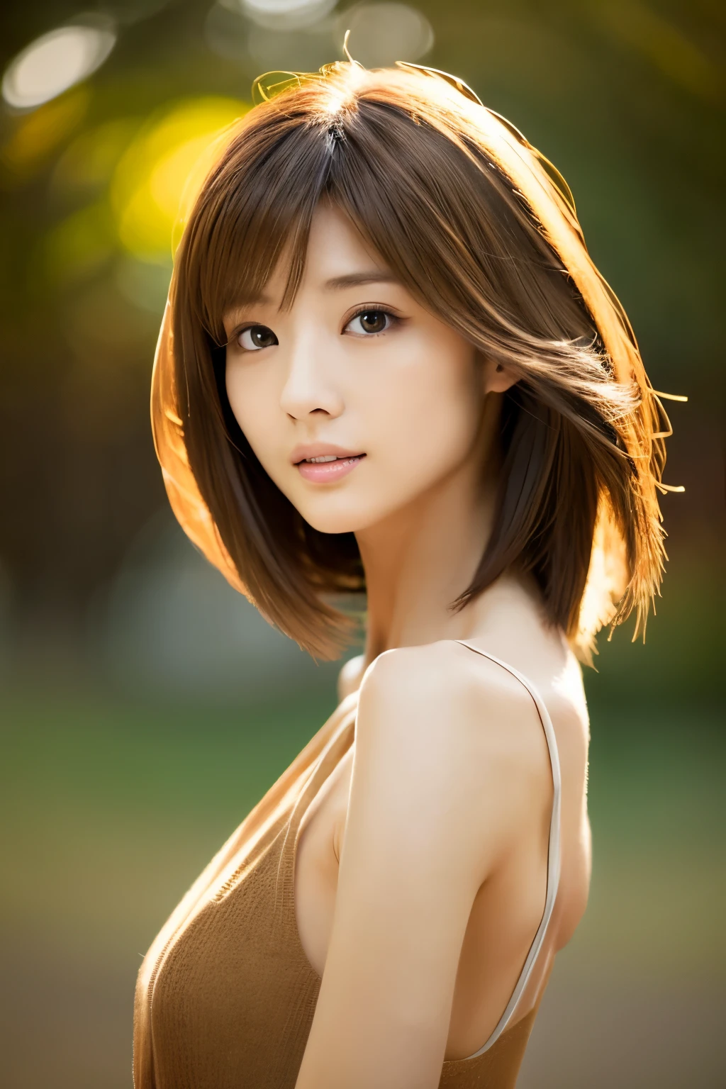 Top quality, realistic, perfect human body structure, very detailed, very delicate and beautiful, RAW photography, professional lighting, luminescence, depth of field, single focal, full body, Skinny Japanese lady, 30 year old lady, brown hair, small head, beautiful eyes, real face, realistic skin, detailed eyes, (fashionable hairstyle: 1.3), 