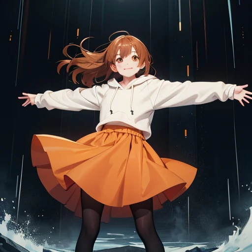 Smiling woman floating with arms outstretched and legs bent,Orange Eyes,Brown medium hair,Rain Falling from Below(Oversized off-white hoodie,Long skirt and black tights)