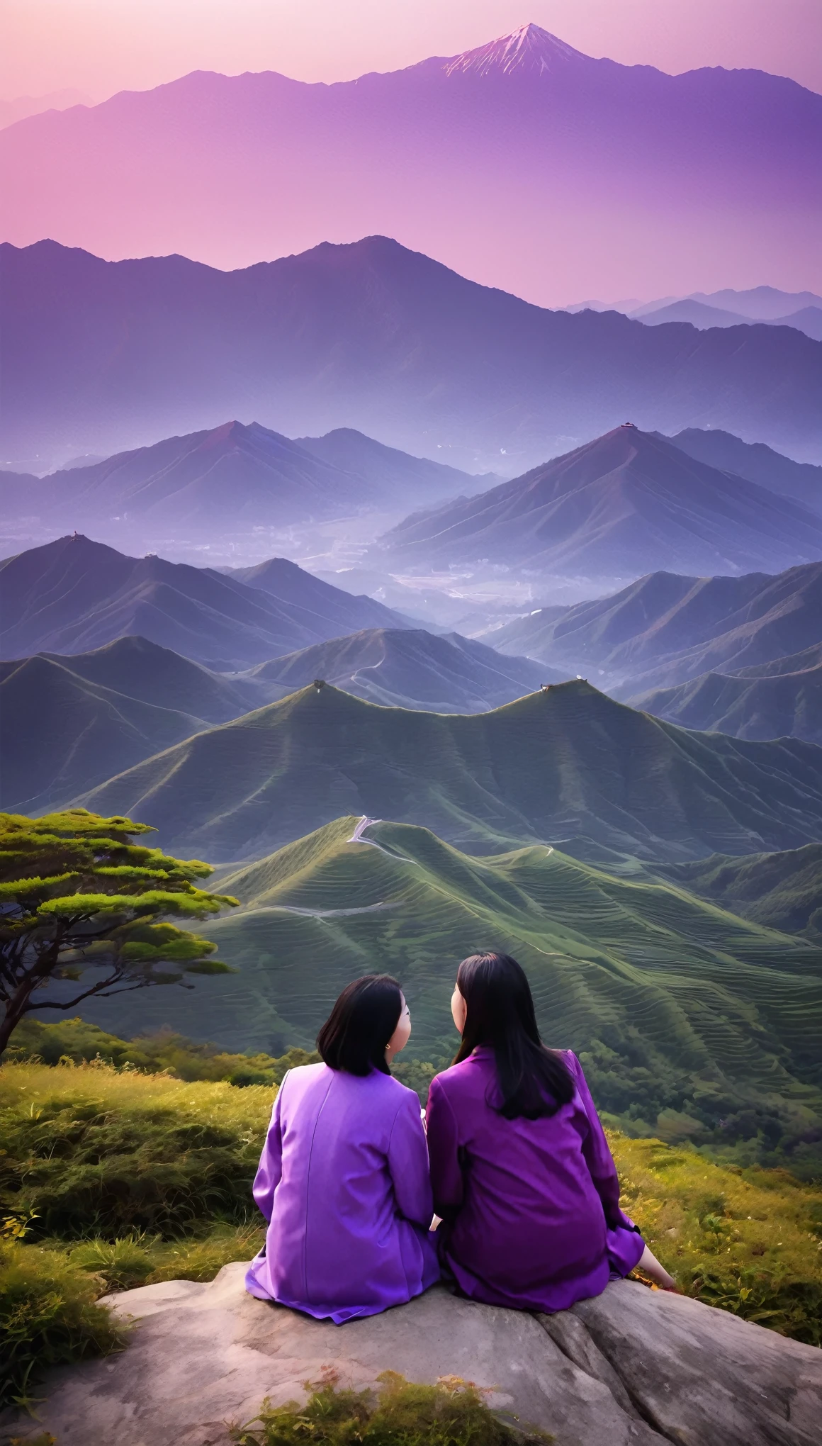 Two people engaged in deep conversation atop a majestic purple mountain、The sun begins to set、It cast a warm and mysterious glow on the landscape.。The unique color of the mountain、The vibrant shades of lilac and mauve dominate the background.、Adds a mystical touch to the scene。The two of them were dressed in contrasting colours.、Take in the breathtaking views of the surrounding area、Expressing deep connection through body language、They seem to be engrossed in the discussion.。The gentle sound of the wind々Swinging between、The occasional chirping of birds creates a tranquil atmosphere.。High definition、