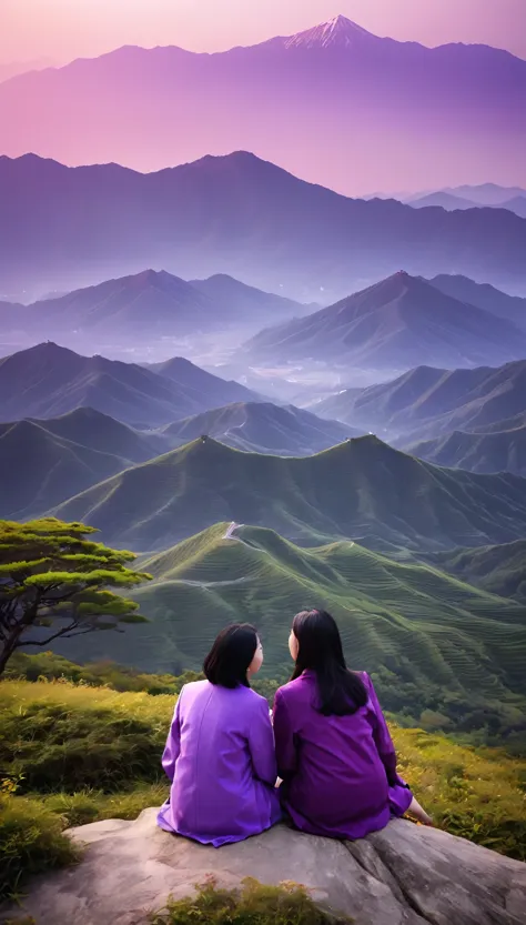 two people engaged in deep conversation atop a majestic purple mountain、the sun begins to set、it cast a warm and mysterious glow...