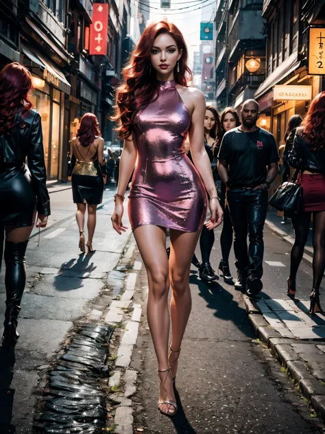 full body professional photo for fashion magazine, young 25-year-old girl night photo shoot on uninhabited modern city street, s...