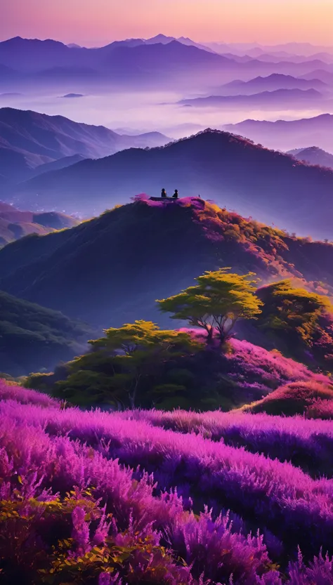 two people engaged in deep conversation atop a majestic purple mountain、the sun begins to set、it cast a warm and mysterious glow...