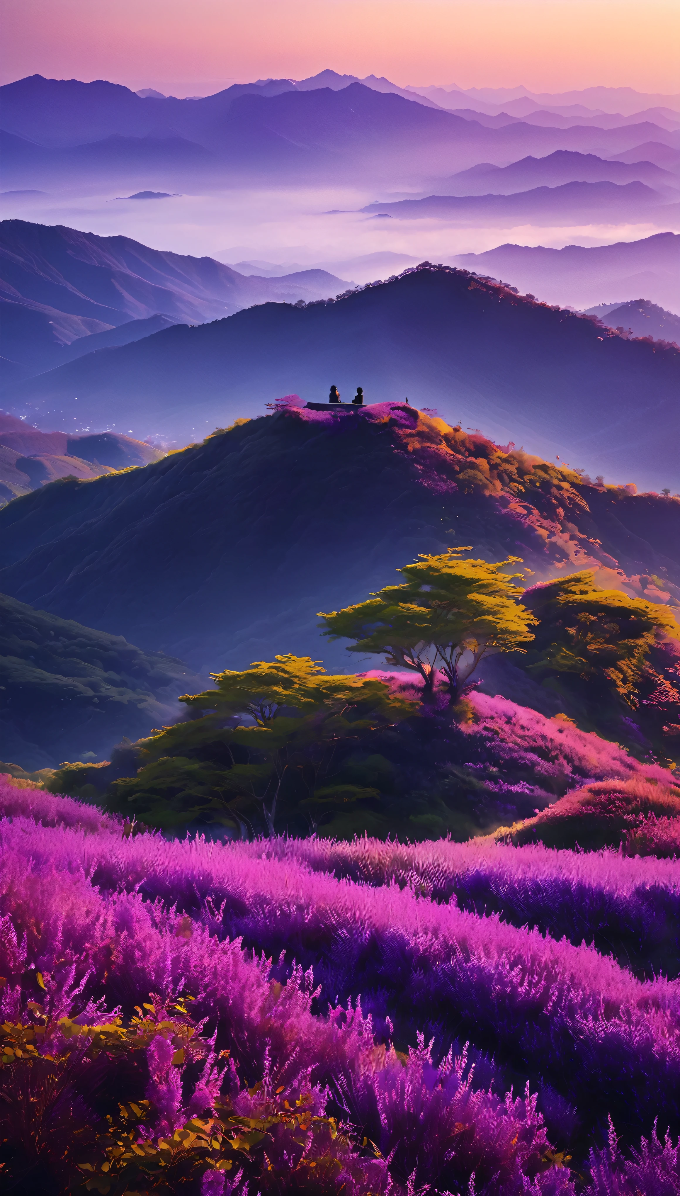 Two people engaged in deep conversation atop a majestic purple mountain、The sun begins to set、It cast a warm and mysterious glow on the landscape.。The unique color of the mountain、The vibrant shades of lilac and mauve dominate the background.、Adds a mystical touch to the scene。The two of them were dressed in contrasting colours.、Take in the breathtaking views of the surrounding area、Expressing deep connection through body language、They seem to be engrossed in the discussion.。The gentle sound of the wind々Swinging between、The occasional chirping of birds creates a tranquil atmosphere.。High definition、