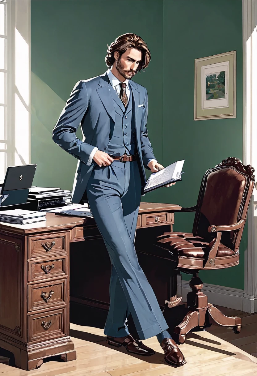 un homme, 35 ans, caucasien, virile, brun, cheveux courts, 1metre75, serious face, chemise blanche, pantalon de costume, mocassins, est debout, dans son bureau, near his chair, ordinateur, dossiers, stylos,   