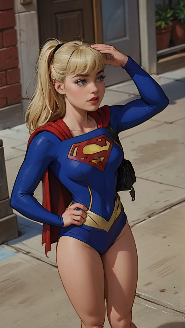 Supergirl, blue superman suit,standing, looking to camera, 
