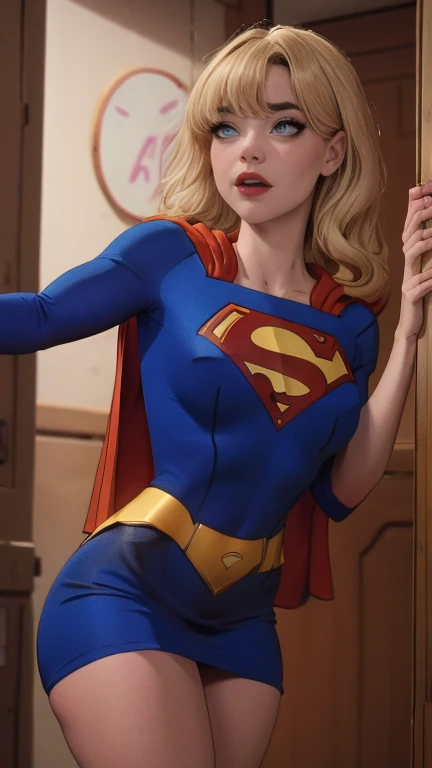 Supergirl, terno azul do super-homem,de pé, olhando para a câmera, 