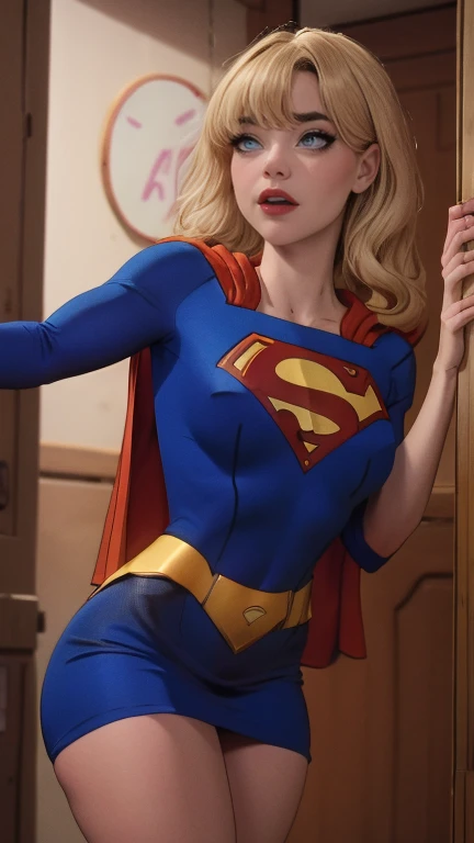 Supergirl, blue superman suit,standing, looking to camera, 