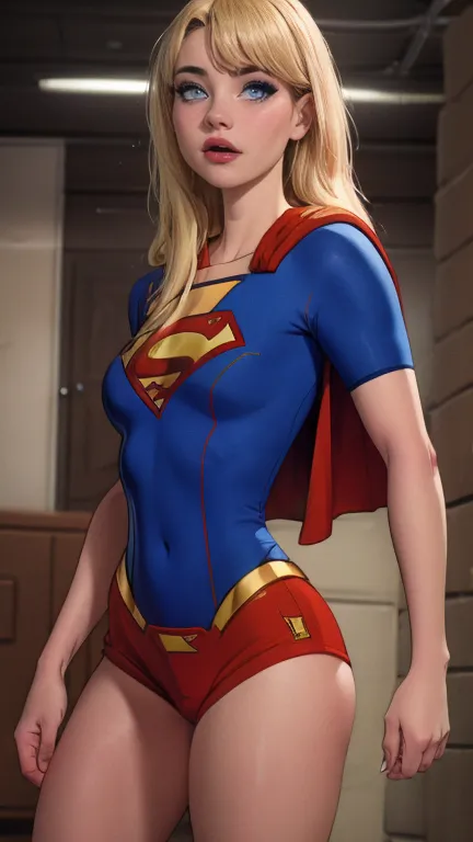 Supergirl, blue superman suit,standing, looking to camera, 