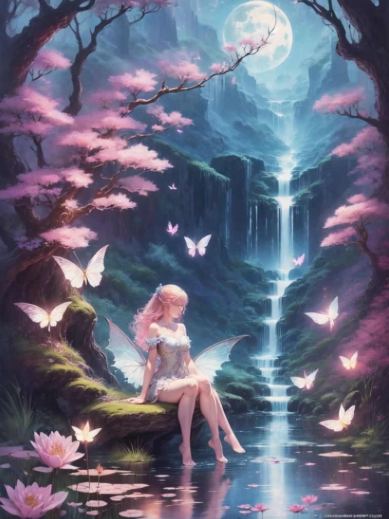 ((best quality)), ((masterpiece)), (detailed), ethereal beauty, perched on a pink blossom tree, (fantasy illustration:1.3), enchanting gaze, captivating pose, solo girl, delicate butterfly wings, otherworldly charm, mystical sky, (Luis Royo:1.2), (Yoshitaka Amano:1.1), moonlit night, soft colors, (detailed cloudscape:1.3), (high-resolution:1.2) (dragon flying in the sky) long white dress, legs dangling above pond, long victorian dress,