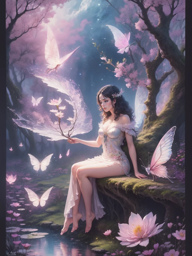 ((best quality)), ((masterpiece)), (detailed), ethereal beauty, perched on a pink blossom tree, (fantasy illustration:1.3), enchanting gaze, captivating pose, solo girl, delicate butterfly wings, otherworldly charm, mystical sky, (Luis Royo:1.2), (Yoshitaka Amano:1.1), moonlit night, soft colors, (detailed cloudscape:1.3), (high-resolution:1.2) (dragon flying in the sky) long white dress, legs dangling above pond, long victorian dress,