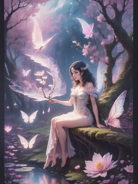 ((best quality)), ((masterpiece)), (detailed), ethereal beauty, perched on a pink blossom tree, (fantasy illustration:1.3), ench...