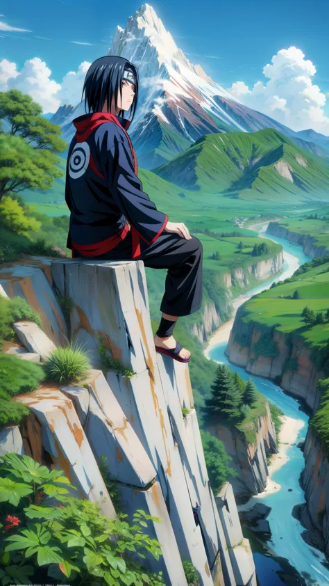 itachi watching mountains over a mountain cliff, itachi uchiha, greenery, blue sky, naruto anime, anime style, itachi uchiha, to...