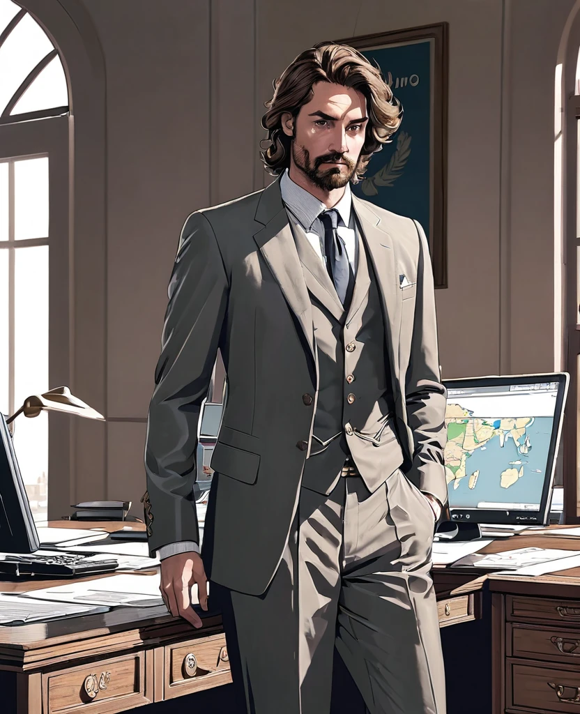 un homme, 35 ans, caucasien, virile, brun, cheveux courts, 1metre75, serious face, chemise blanche, pantalon de costume, mocassins, est debout, dans son bureau, near his chair, ordinateur, dossiers, stylos,   