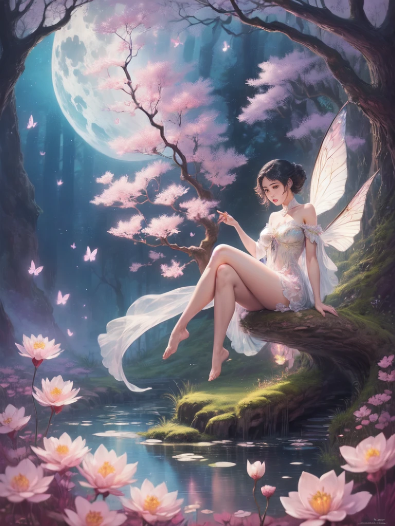 ((best quality)), ((masterpiece)), (detailed), ethereal beauty, perched on a pink blossom tree, (fantasy illustration:1.3), enchanting gaze, captivating pose, solo girl, delicate butterfly wings, otherworldly charm, mystical sky, (Luis Royo:1.2), (Yoshitaka Amano:1.1), moonlit night, soft colors, (detailed cloudscape:1.3), (high-resolution:1.2) (dragon flying in the sky) long white dress, legs dangling above pond, long victorian dress,